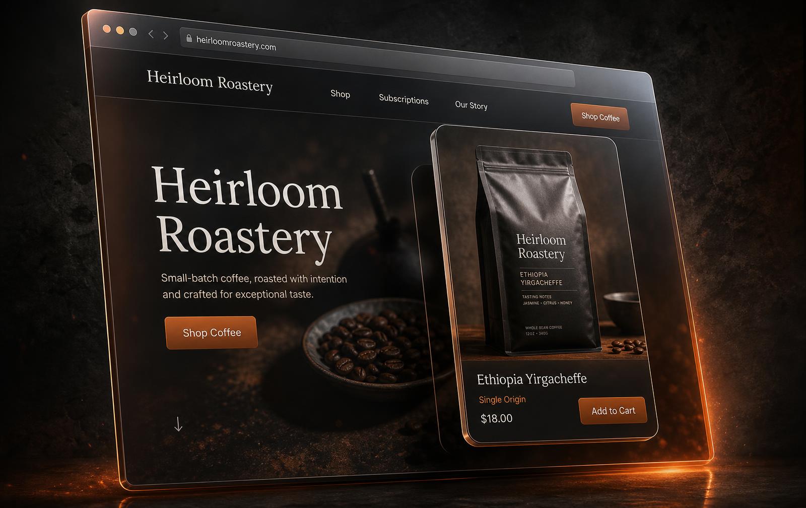3D render of the Heirloom Roastery online store website
