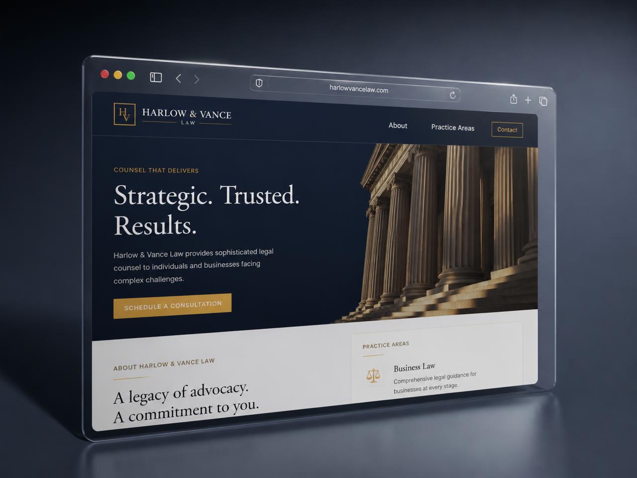 3D render of the Harlow & Vance law firm website with practice areas and enquiry form