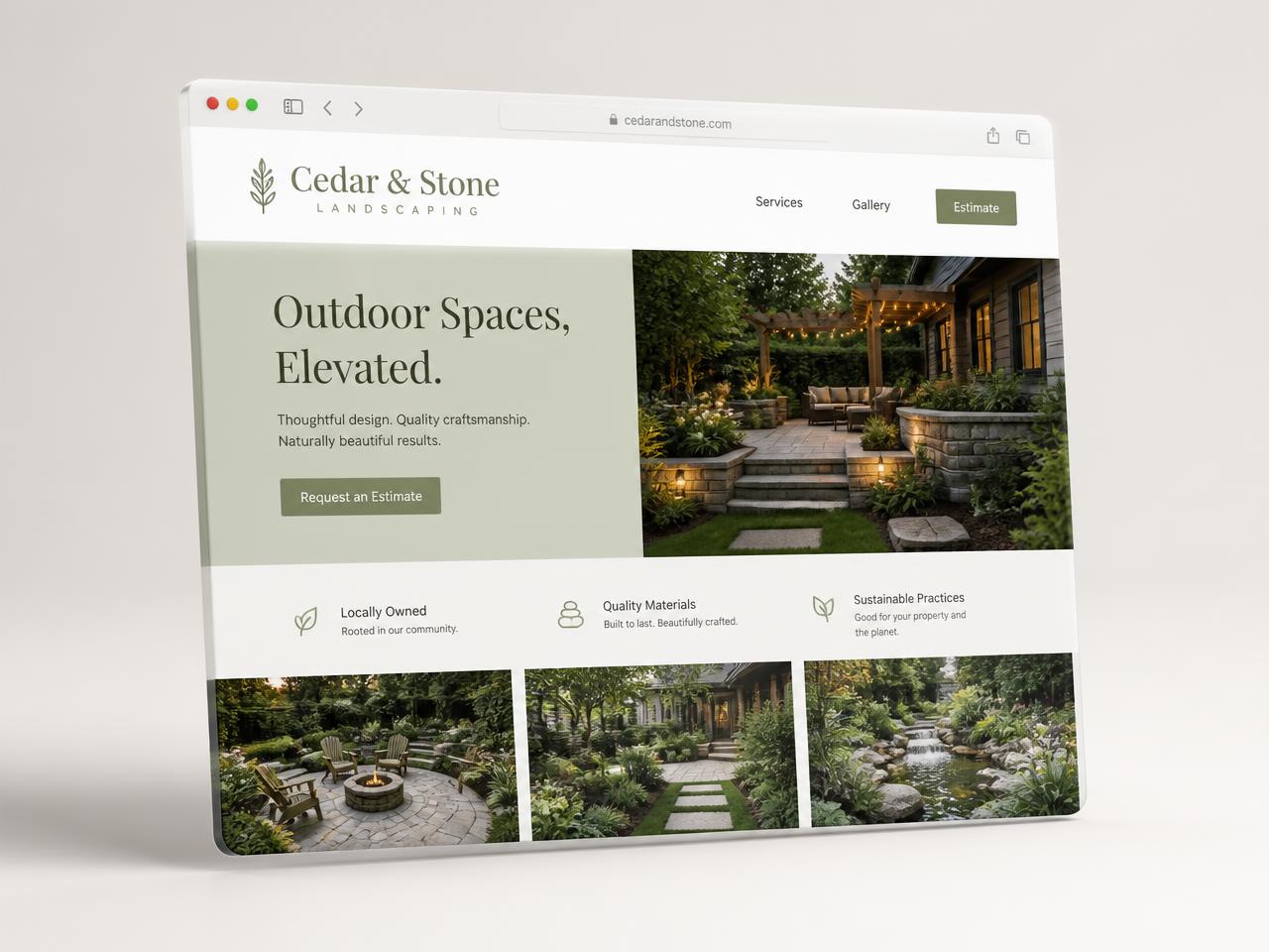 3D render of the Cedar & Stone landscaping website with a project gallery