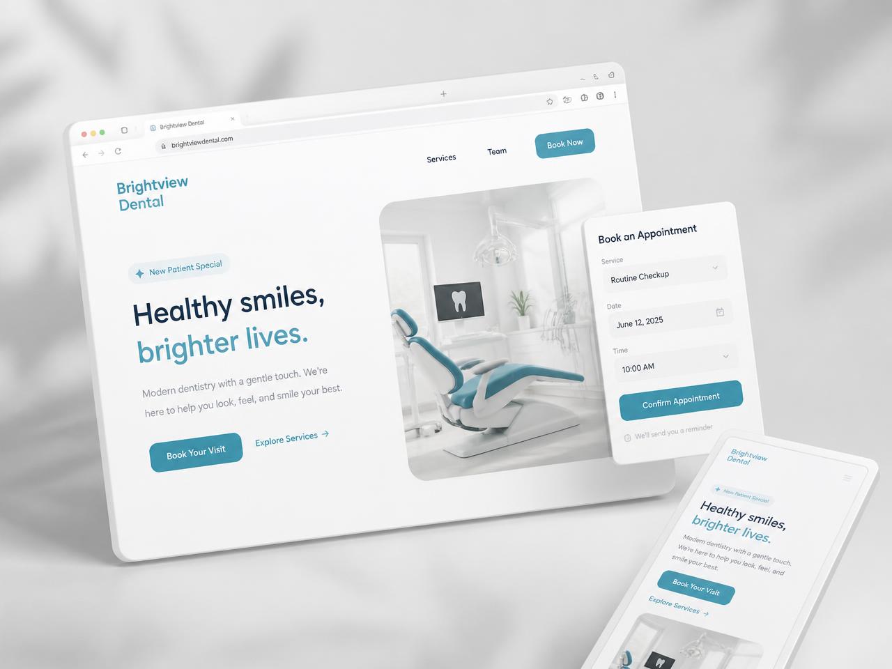 3D render of the Brightview Dental clinic website with an appointment booking panel